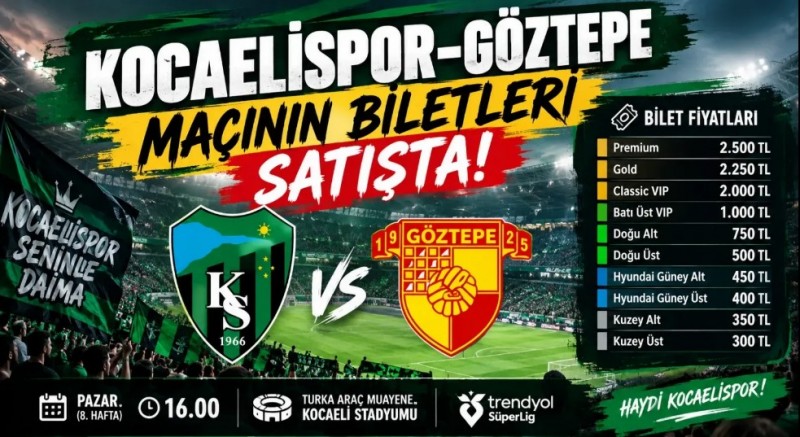 Süper Ligte 8.Hafta Kocaelispor-Göztepe maçının biletleri satışa çıktı